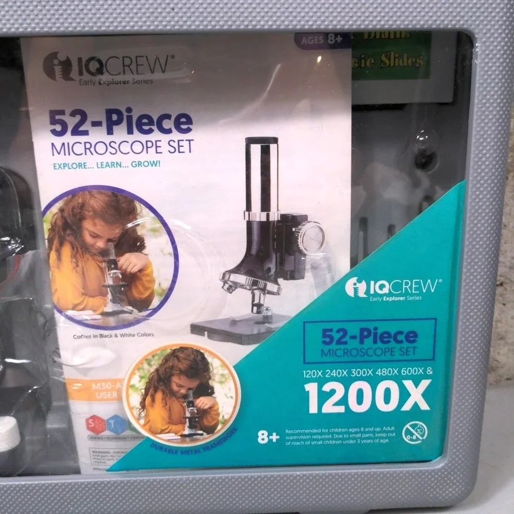 IQCrew 52-Piece Microscope Set Early Explorer Series 1200X STEM Kit w/ Case New‎